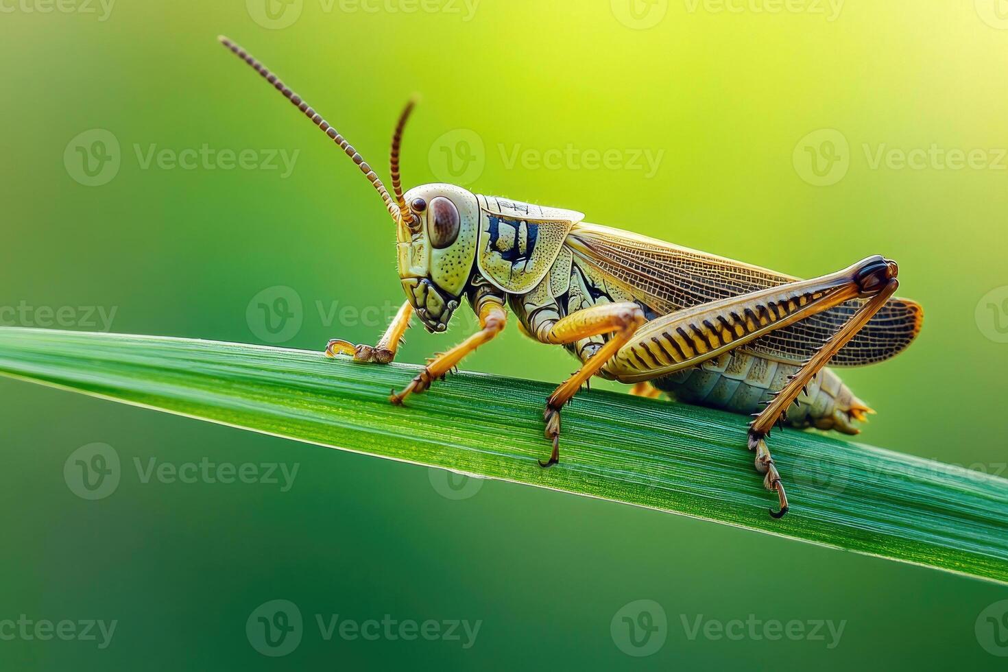 A grasshopper resting on a blade of grass. photo