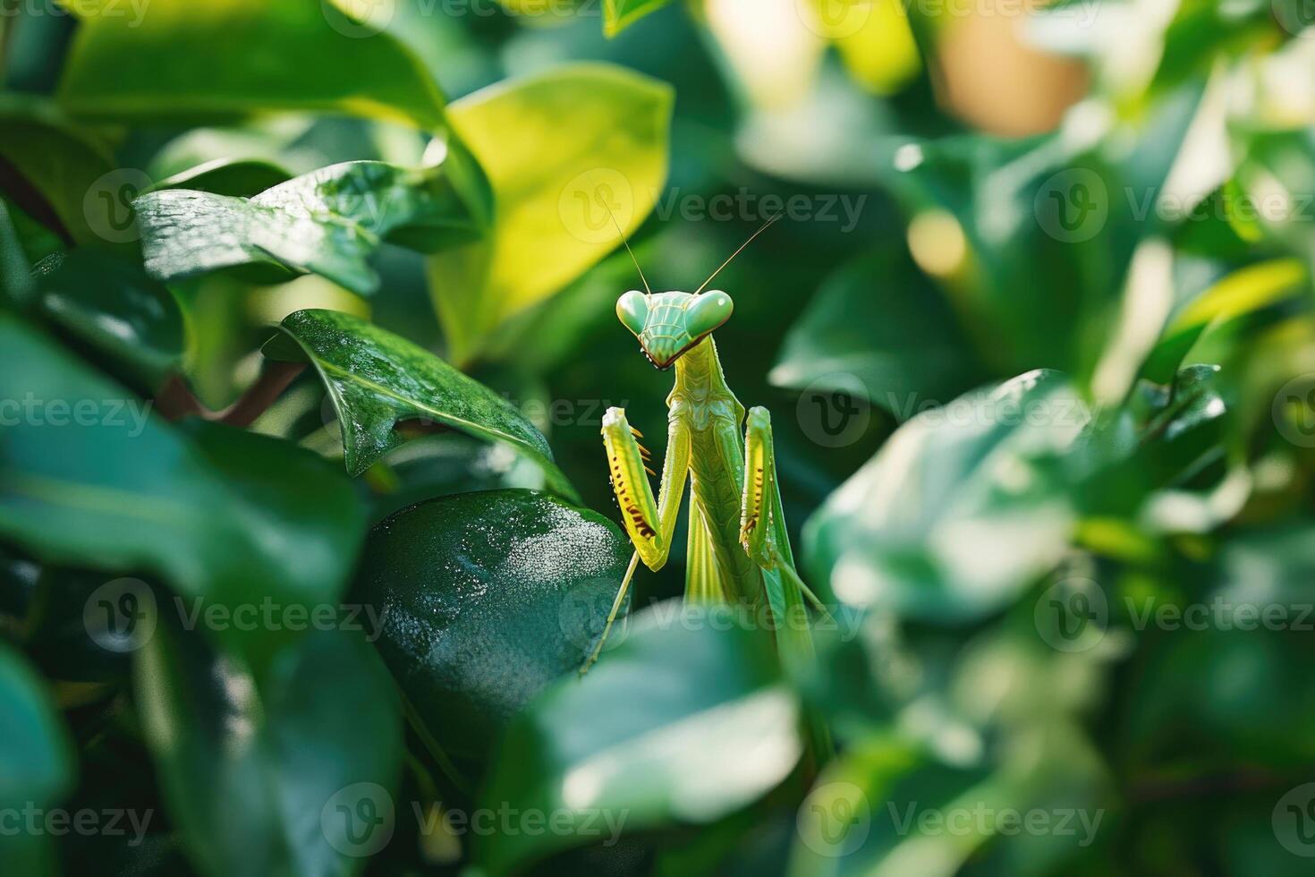 A praying mantis hidden among garden plants. photo