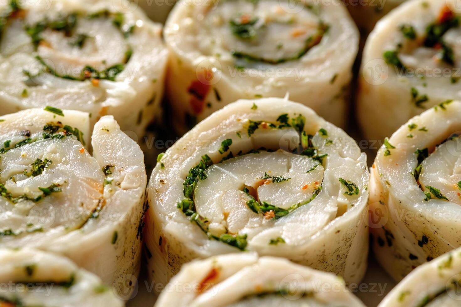 A savory selection of fish roulade slices creates a delicate, textured background. photo