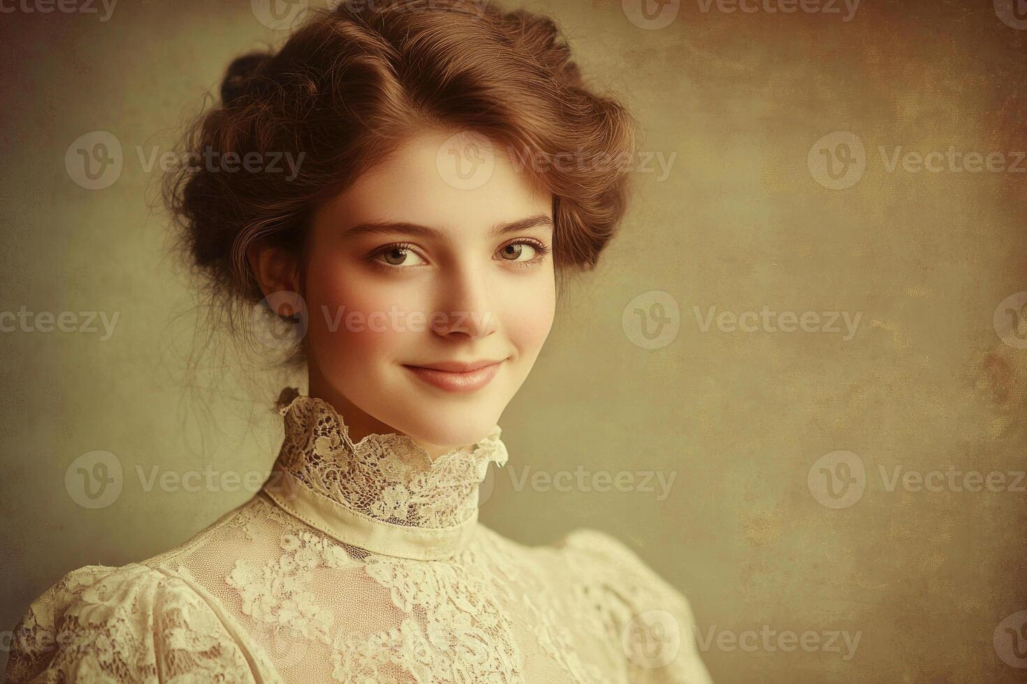 A Victorian-era woman with an enigmatic smile, wearing a high-collared dress. photo