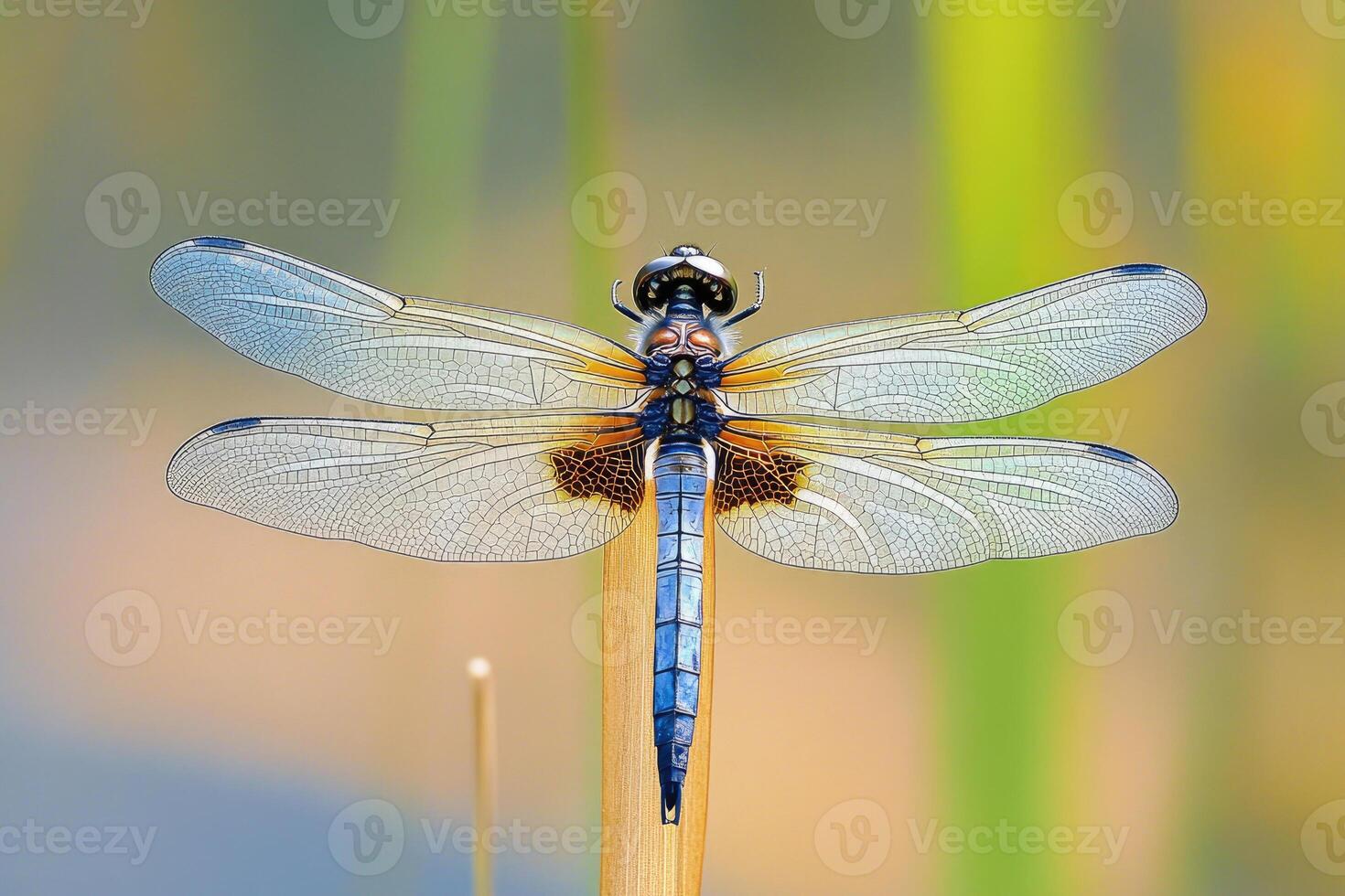 A dragonfly perched on a reed in a pond. photo