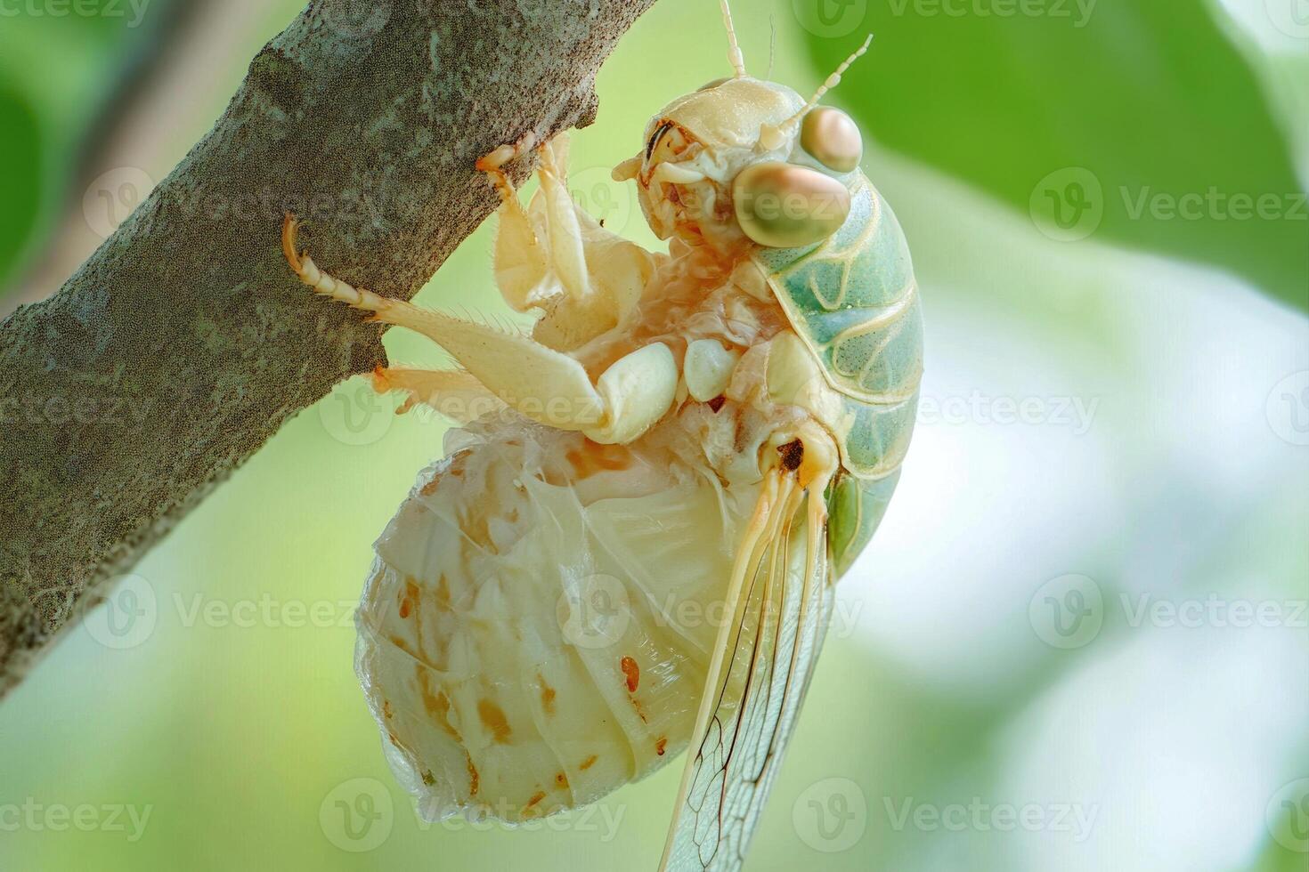 A cicada emerging from its exoskeleton. photo