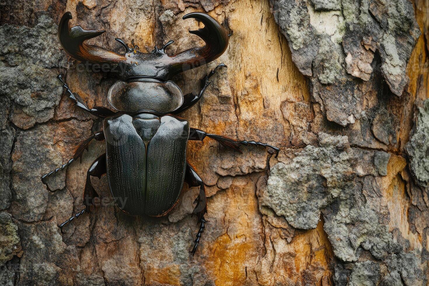 A stag beetle resting on a tree trunk. photo