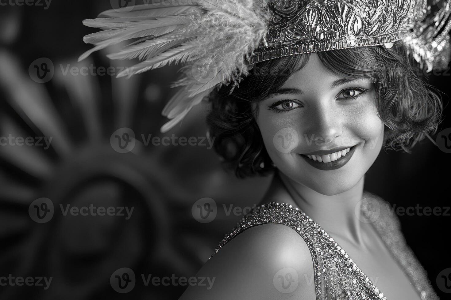 A flapper girl from the 1920s, wearing a beaded dress and a feathered headband, smiling coyly. photo