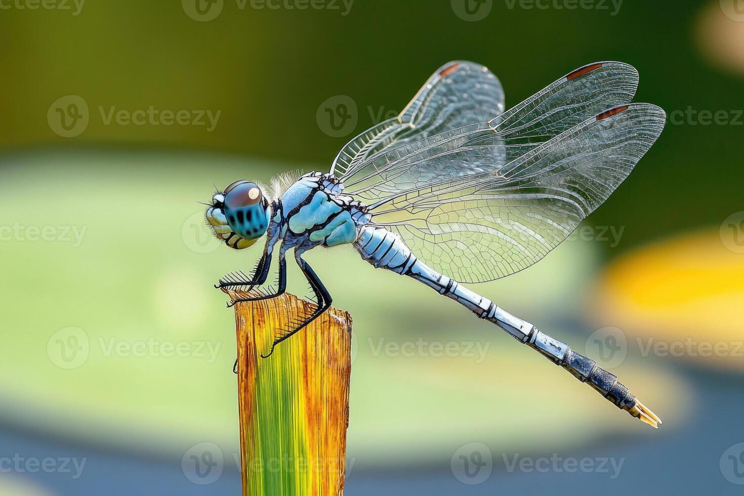 A dragonfly perched on a reed in a pond. photo