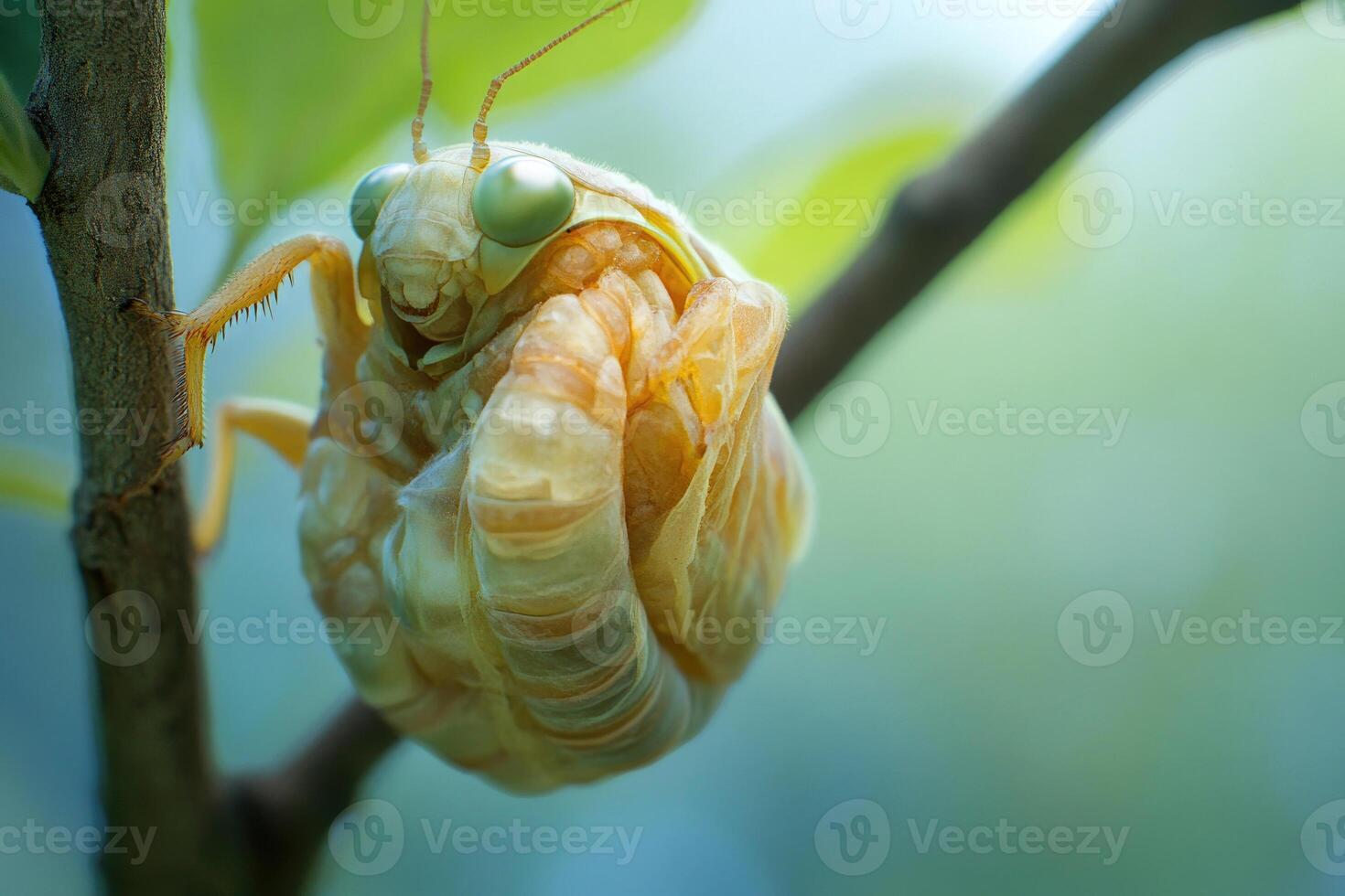 A cicada emerging from its exoskeleton. photo