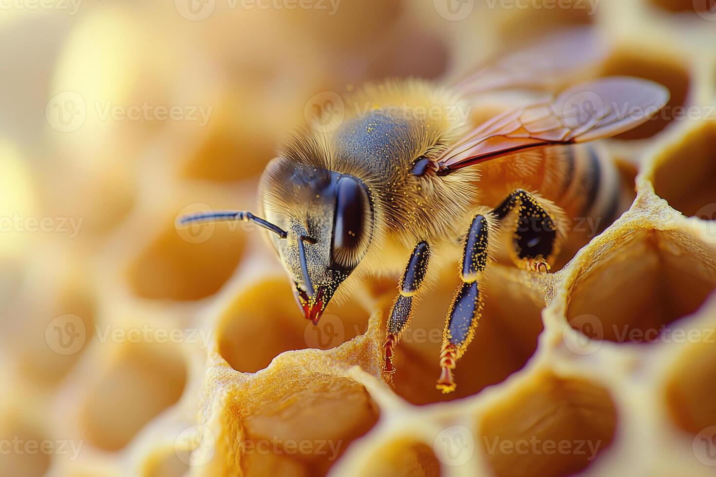 A honeybee working inside a hive. photo