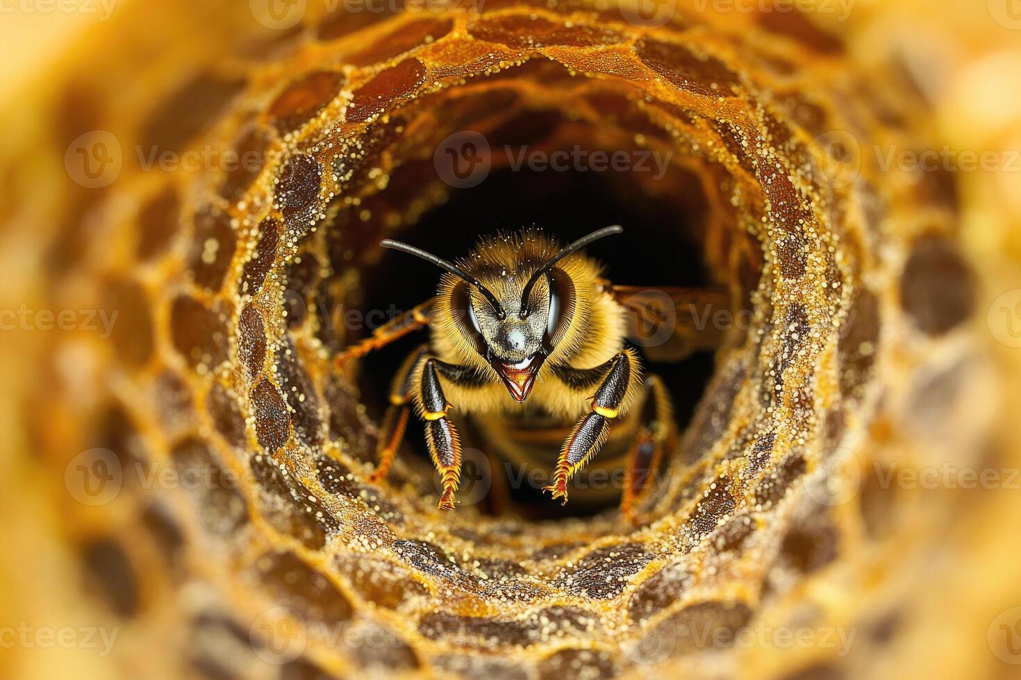 A honeybee working inside a hive. photo