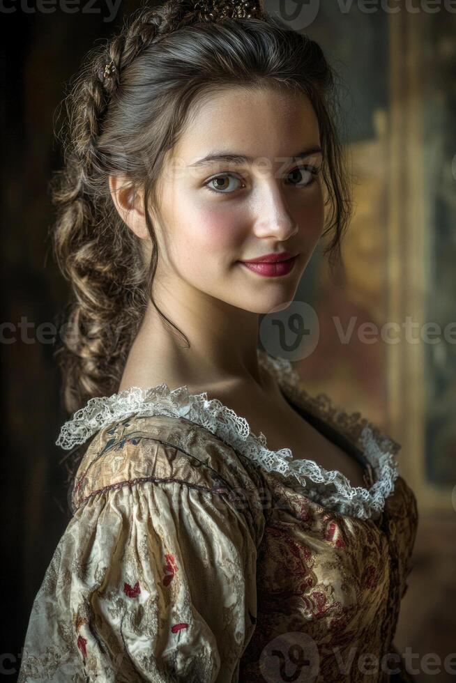 Renaissance woman with a sly smile, in a richly decorated gown, under soft natural light. photo
