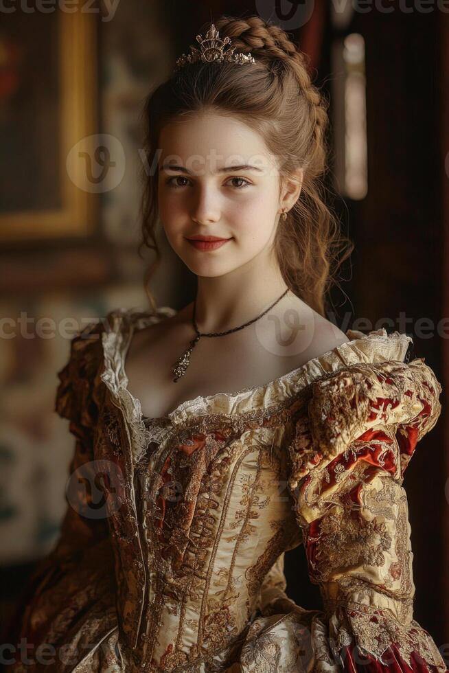 Renaissance woman with a sly smile, in a richly decorated gown, under soft natural light. photo