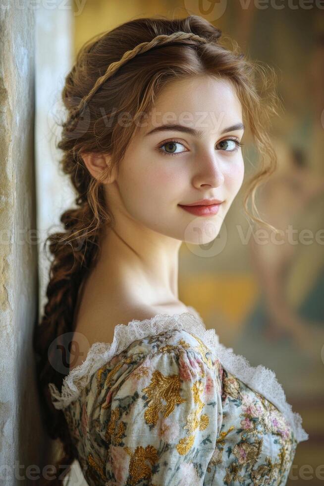 Renaissance woman with a sly smile, in a richly decorated gown, under soft natural light. photo