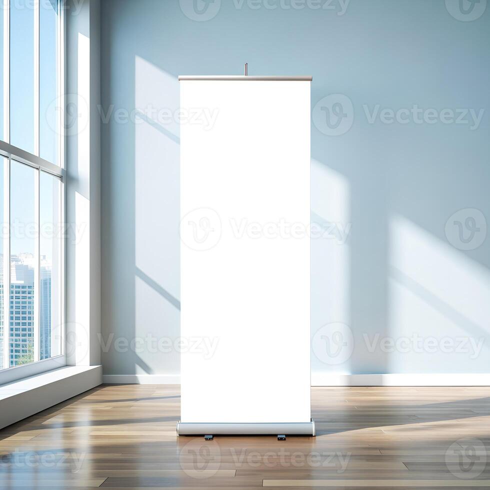 Rollup banners stand mockup. Blank clear white rollup poster with space for logo or text near glass window on wooden floor with light blue wall in empty room photo