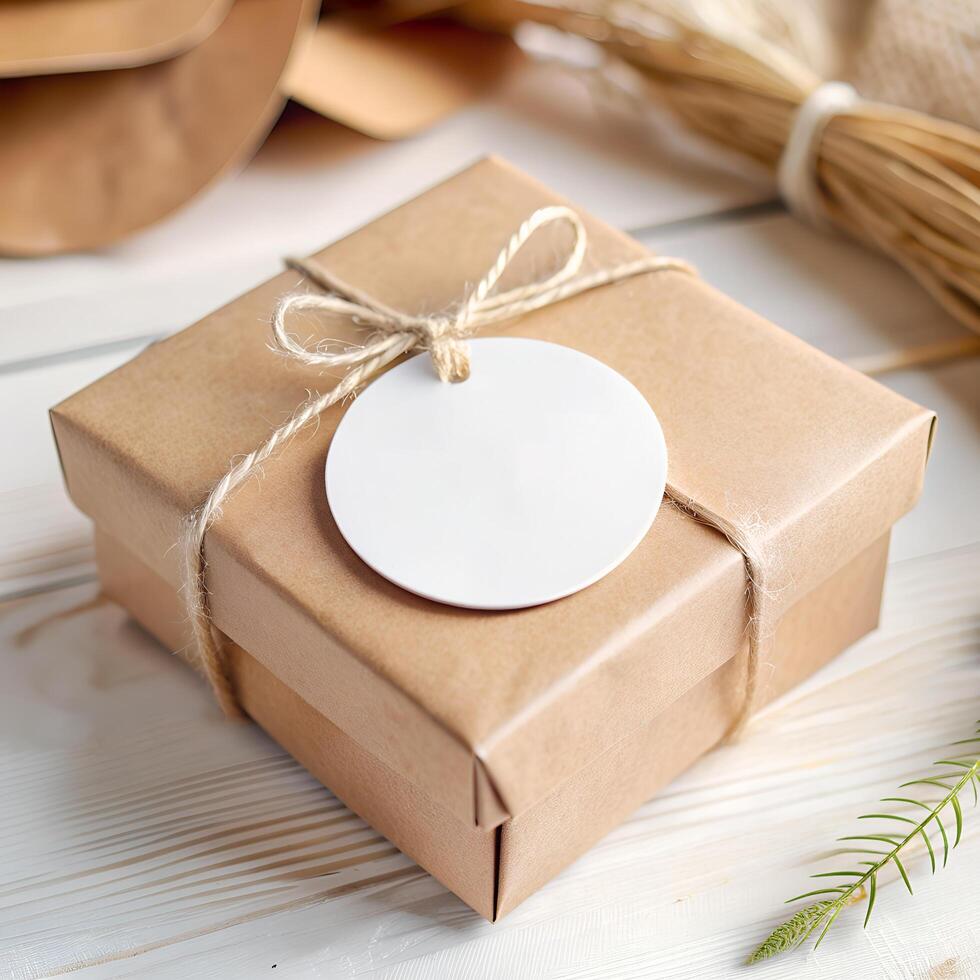 Gift tag mockup. Top view round blank white circle sticker for wedding, christmast, valentine, birthday or brand logo label product design with brown vintage kraft paper box on wooden table photo