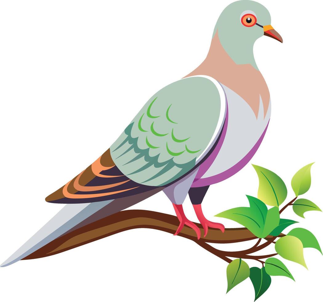 pigeon sitting on a tree branch with Green Leaf vector