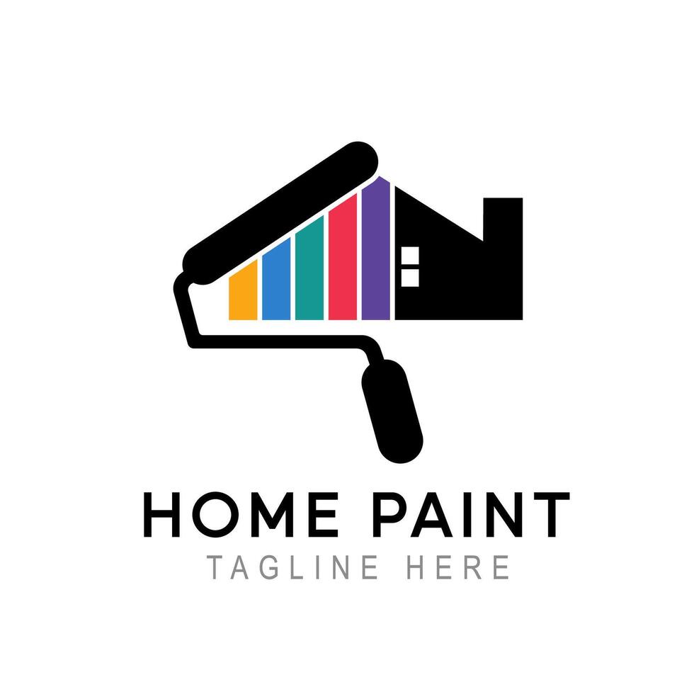 Energetic logo featuring a paint roller adding colorful stripes to a house, ideal for construction and real estate industries vector
