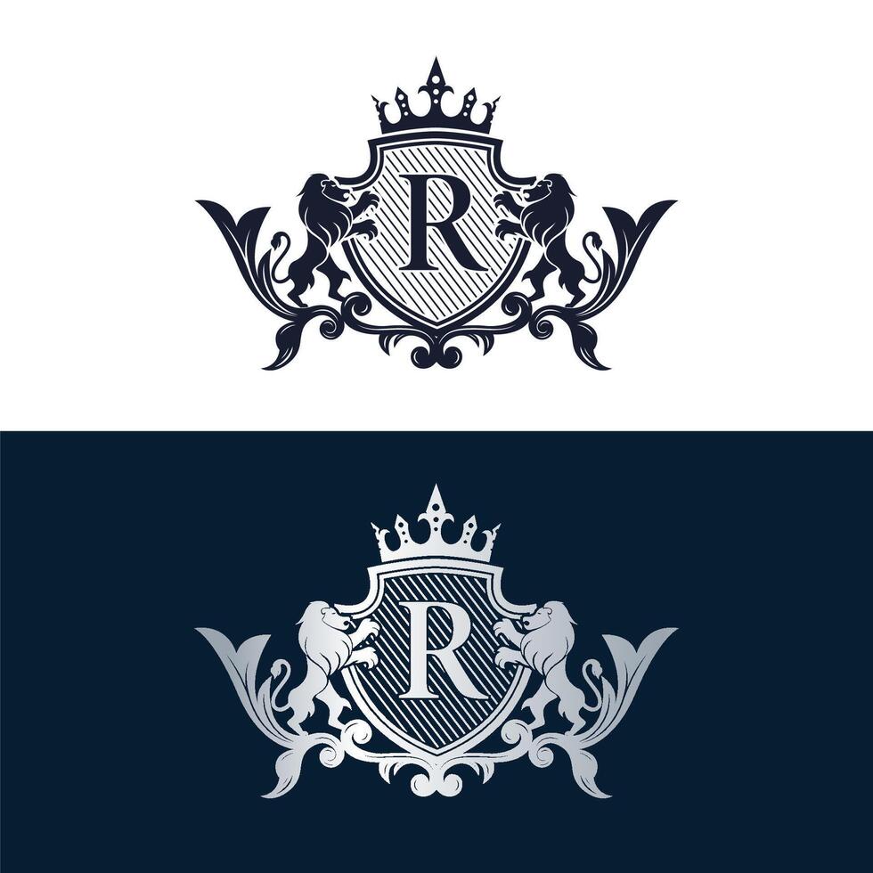 Luxurious and timeless logo with two regal lions holding a shield and the letter r, ideal for businesses seeking an elegant and sophisticated brand vector