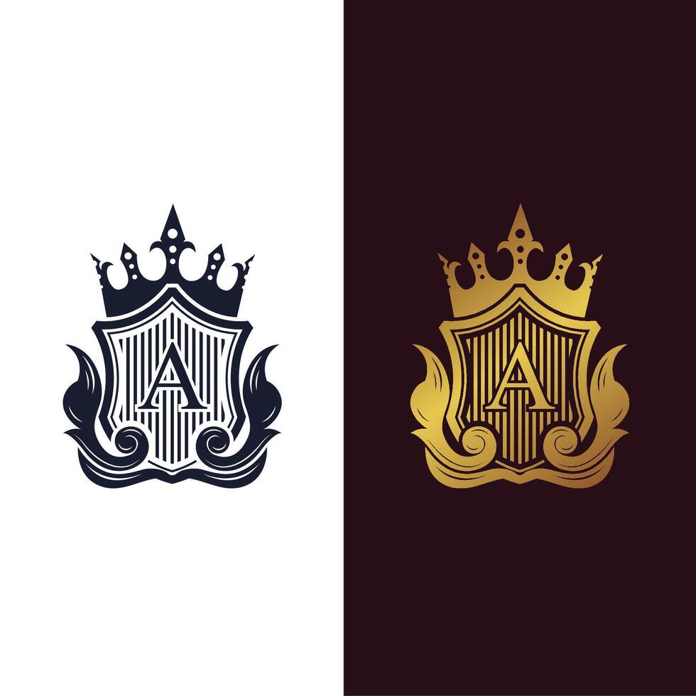 Luxury royal heraldic crest logo featuring letter A with crown and shield vector