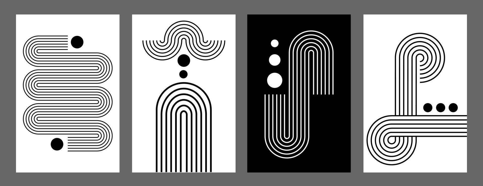 Swiss design aesthetics. Memphis Bauhaus design. Linear geometric arches and round abstract shapes. Set of century line designs for magazines, books, posters, flyers. vector