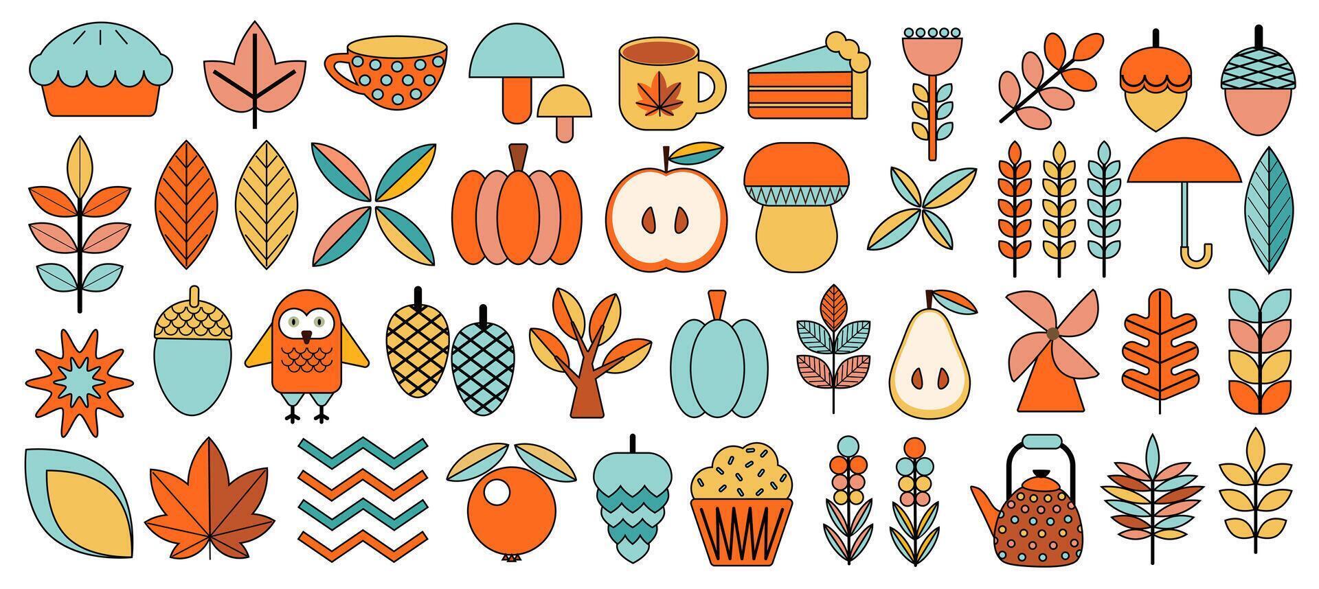Simple autumn cozy set. Autumn stickers. Scandinavian style geometric mosaic vector