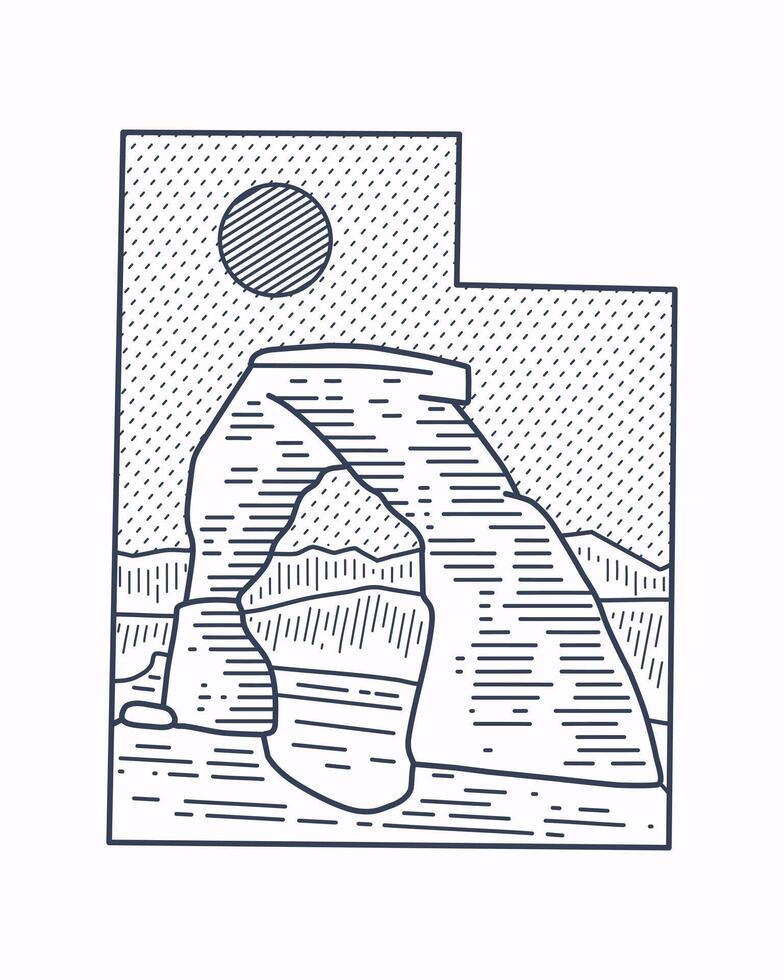 Arches National park Utah map mono line illustration for t shirt patch badge design vector