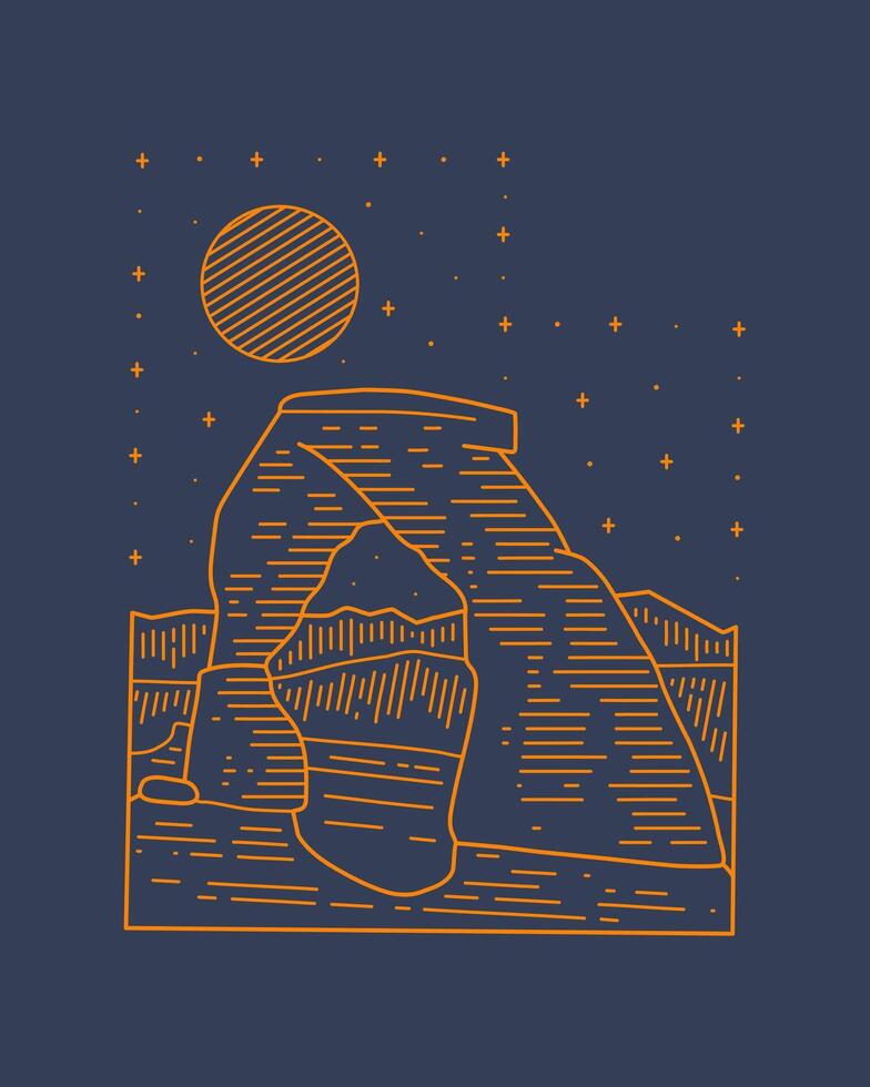 Arches National park in the night Utah map mono line illustration for t shirt patch badge design vector