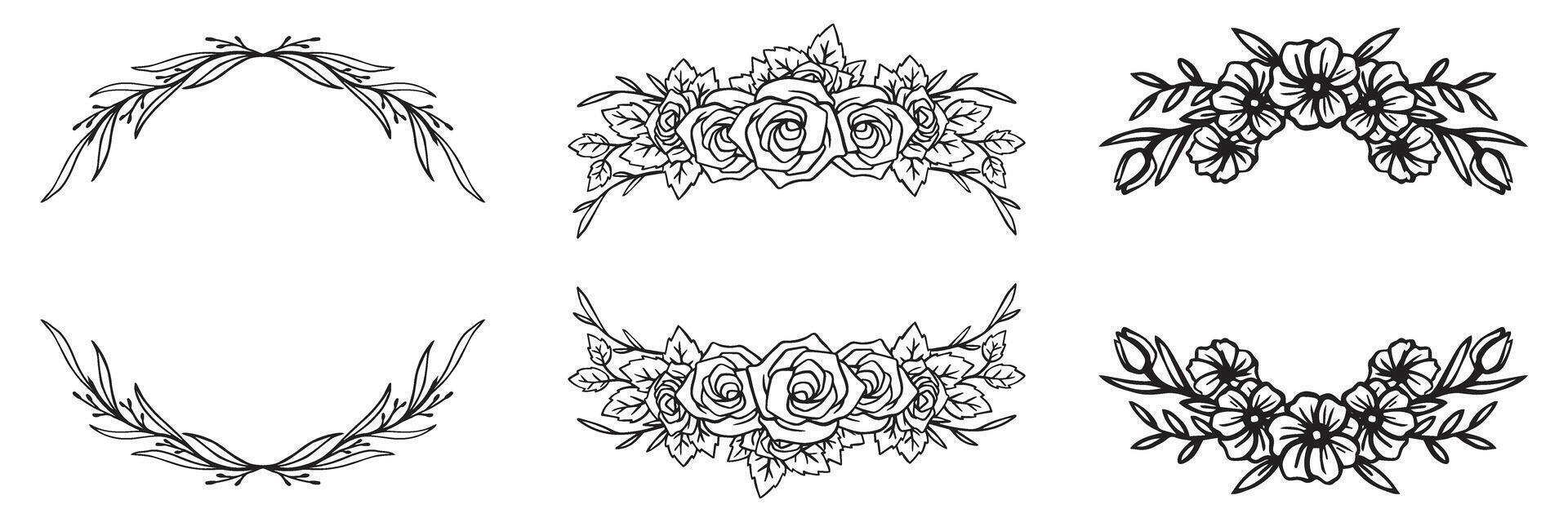 Hand Drawn Floral Wreath Frames Elegant Botanical Designs for Invitations, Greeting Cards, and Digital Creations, Featuring Nature's Artistry and Beauty vector