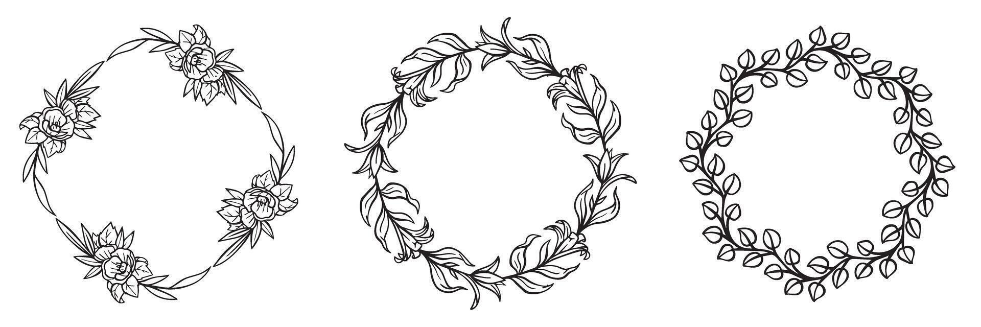 Botanical Bliss Exquisite Hand Drawn Flower Wreath Frames for Invitations, Greeting Cards, and Digital Creations, Showcasing Nature's Artistry and Beauty vector