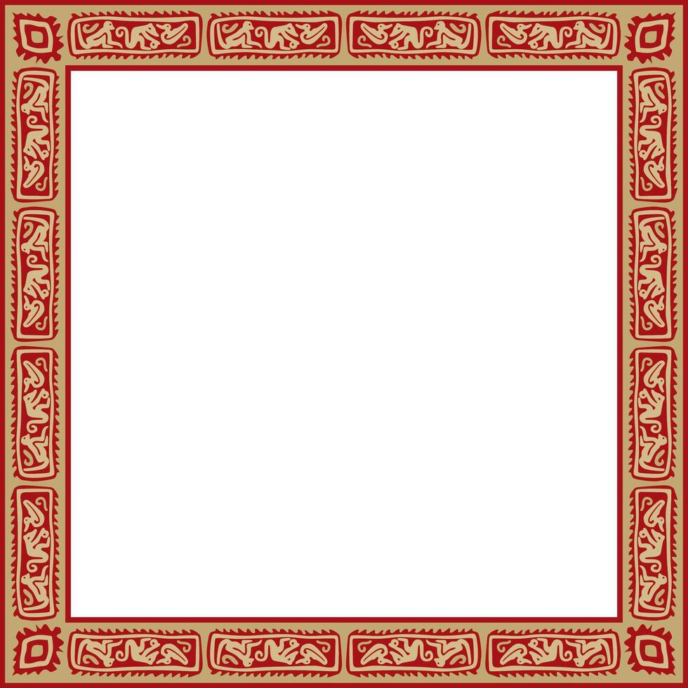 red and gold native american folk ornament. Square border, frame of the peoples of America, Aztec, Incas, Maya vector
