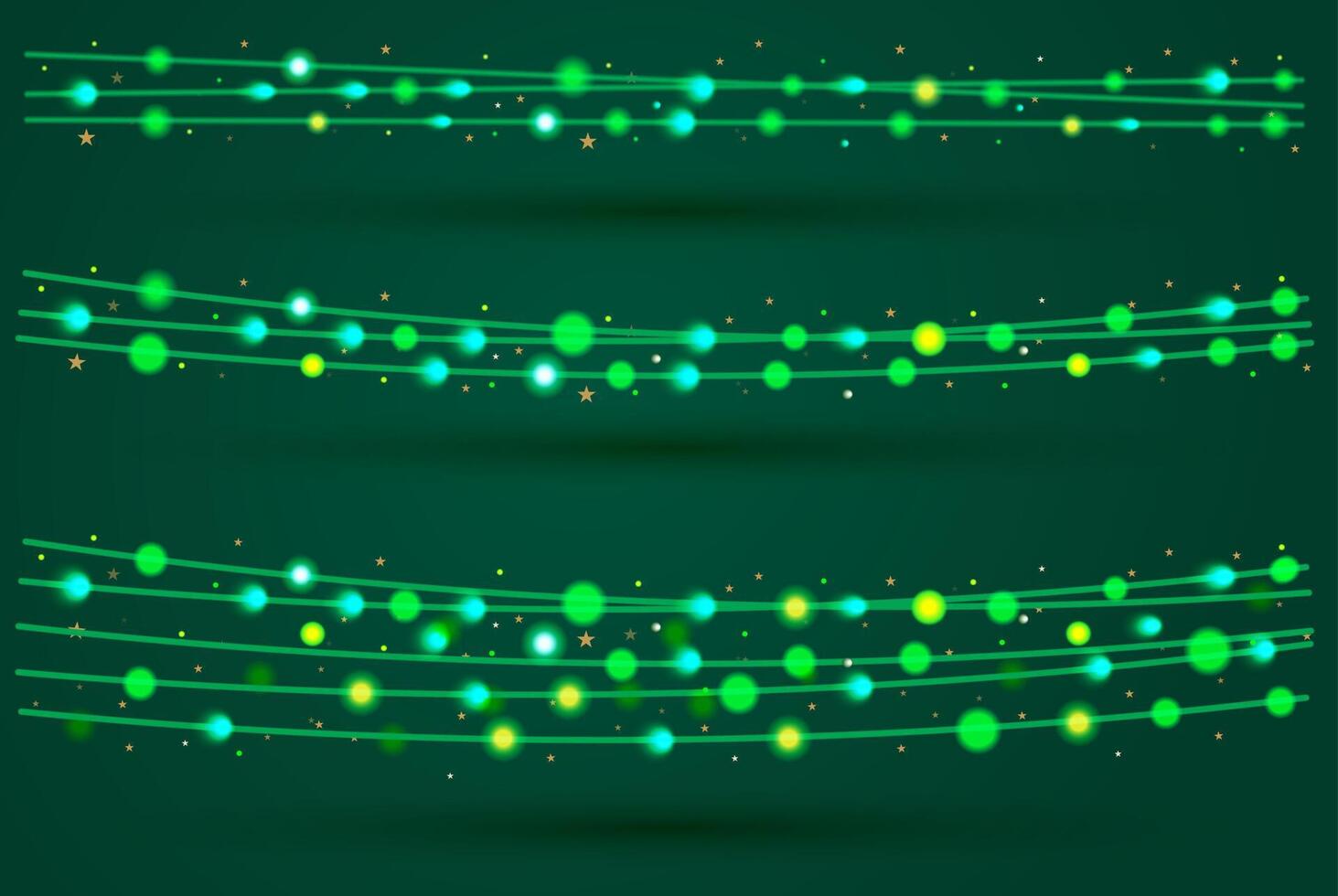 Christmas decorative light garlands set on green background. New Year's decor with glowing lights. Realistic Xmas holiday decoration. Festive light bulb. vector