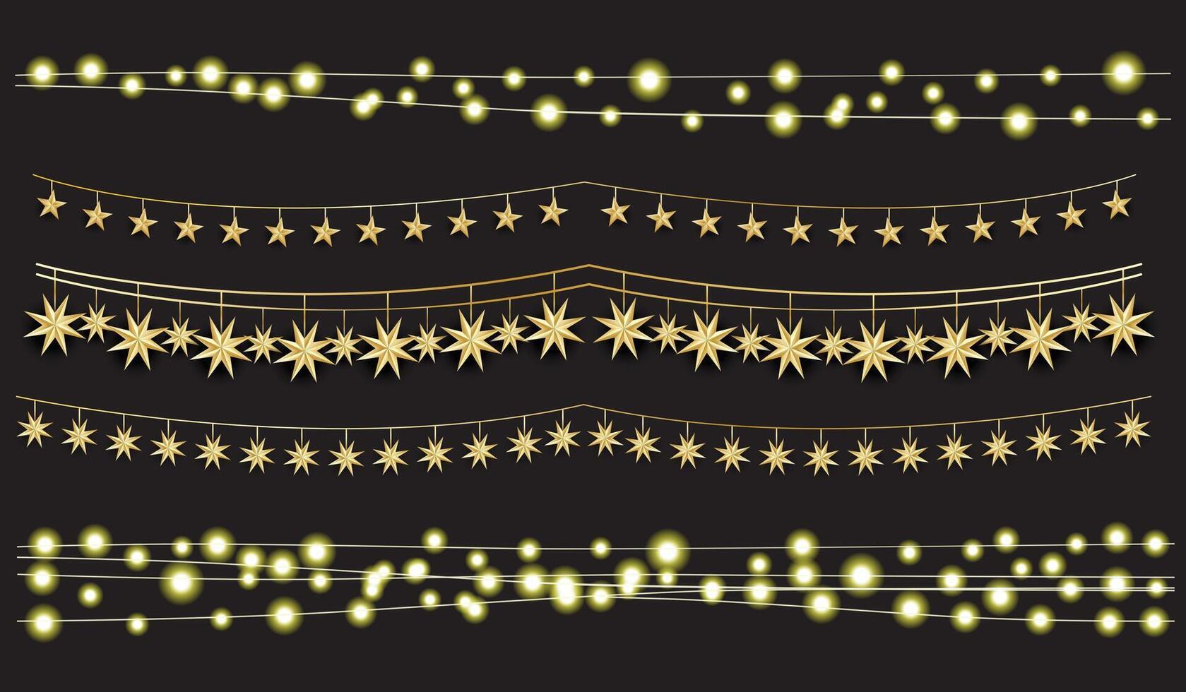 Garlands with hanging golden stars. Christmas neon lights on black background. Xmas decoration. Carnival garland. vector