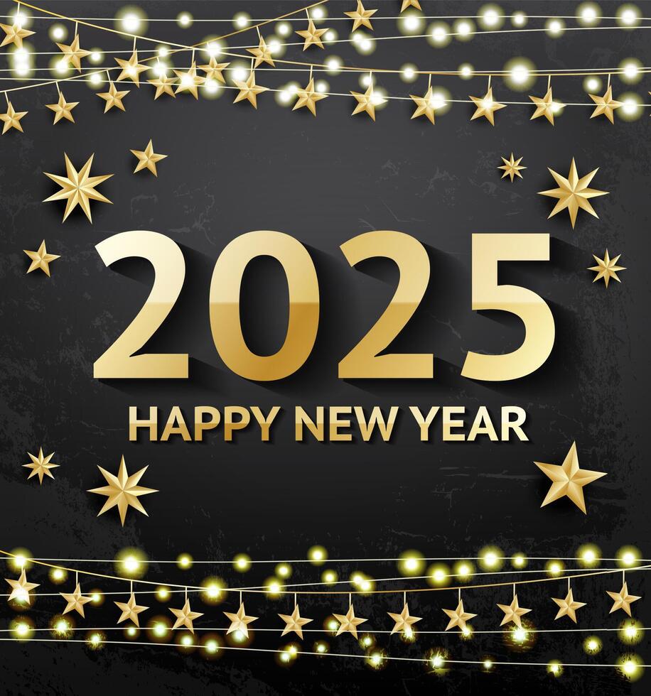 Happy new year 2025. Greeting card with neon garland and golden stars on black background with textured effect. Decoration with colorful twinkles. vector