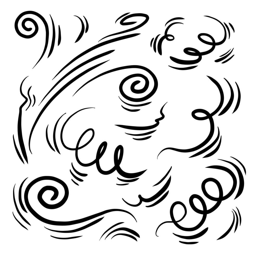 Doodle wind line sketch set. Hand drawn doodle wind movement, air blowing, vortex elements. Sketch of air blowing movement, abstract lines. vector