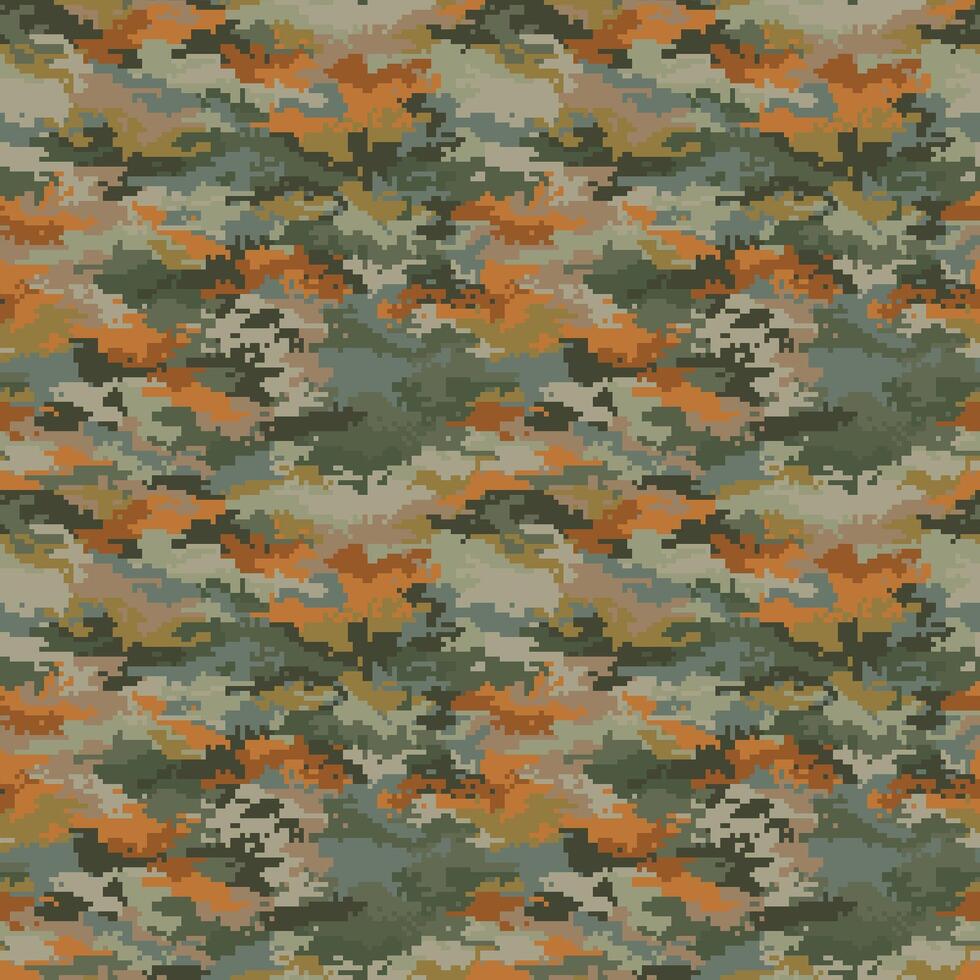Military pixelated camouflage seamless pattern. Modern hunting camo pattern, green and orange colors vector