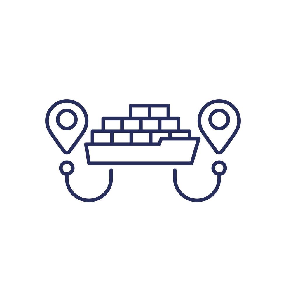 cargo container ship icon, maritime routes line vector