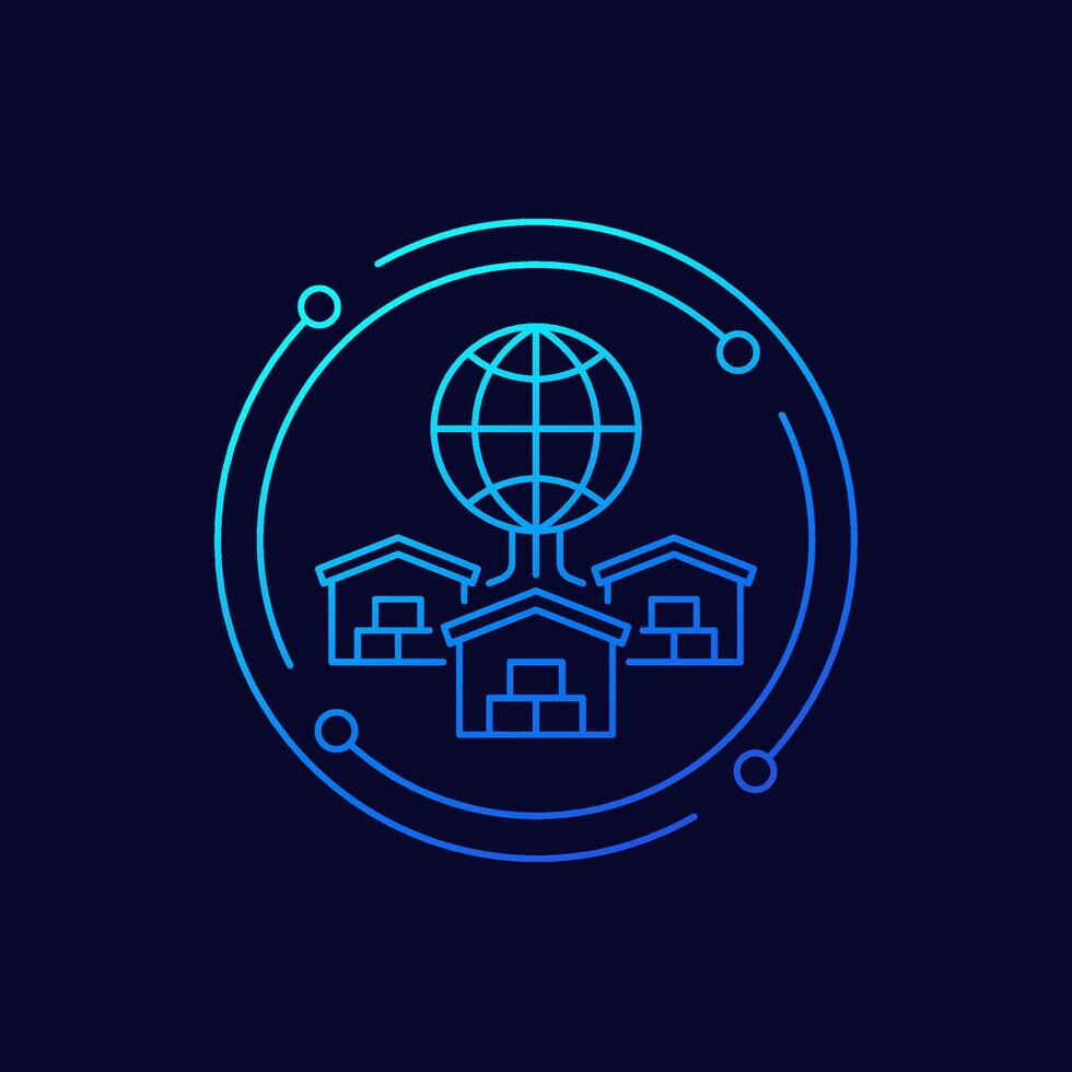 Global sourcing icon with warehouses, linear design vector