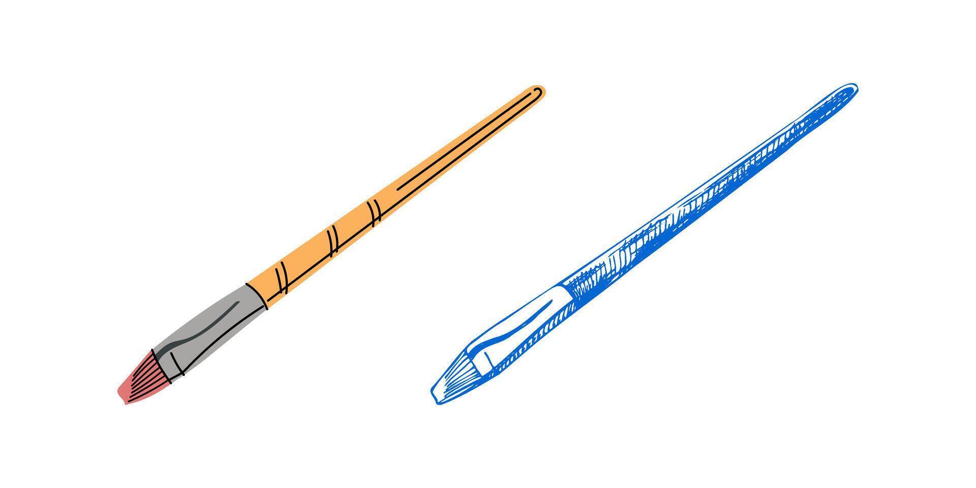 hand-drawn and flat style school and art supplies Illustration. Detailed retro style brush for drawing sketch. Vintage sketch element. Back to School. School essential illustration. vector