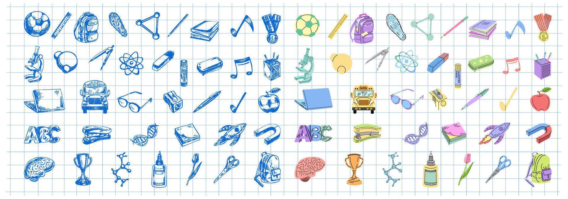 Back to School, flat style school supplies set. School object collection. Education Concept. illustration. Back to School. vector