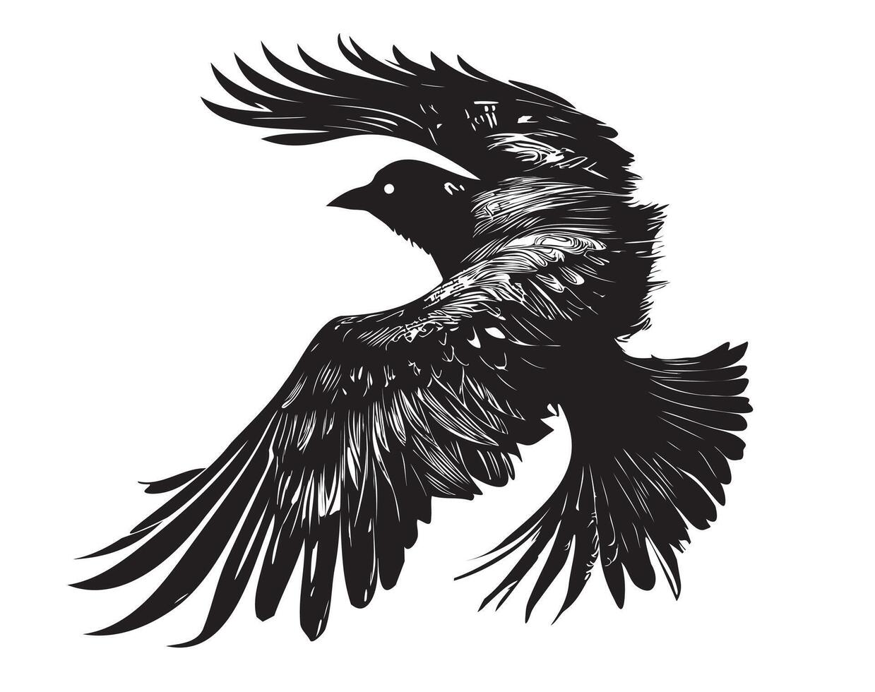 Raven flying silhouette hand drawn sketch illustration vector