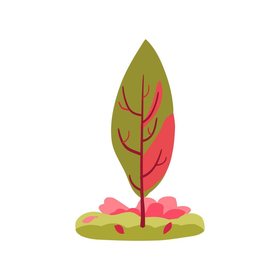 Hand drawn cypress tree in pink and green with leaves and grass. Autumn and spring themes. Simple design. Flat Icon vector