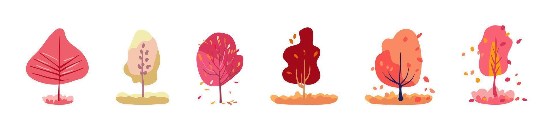 Autumn set of decorative pink and red trees. Multicolored bright botanyfolk. Isolated vector