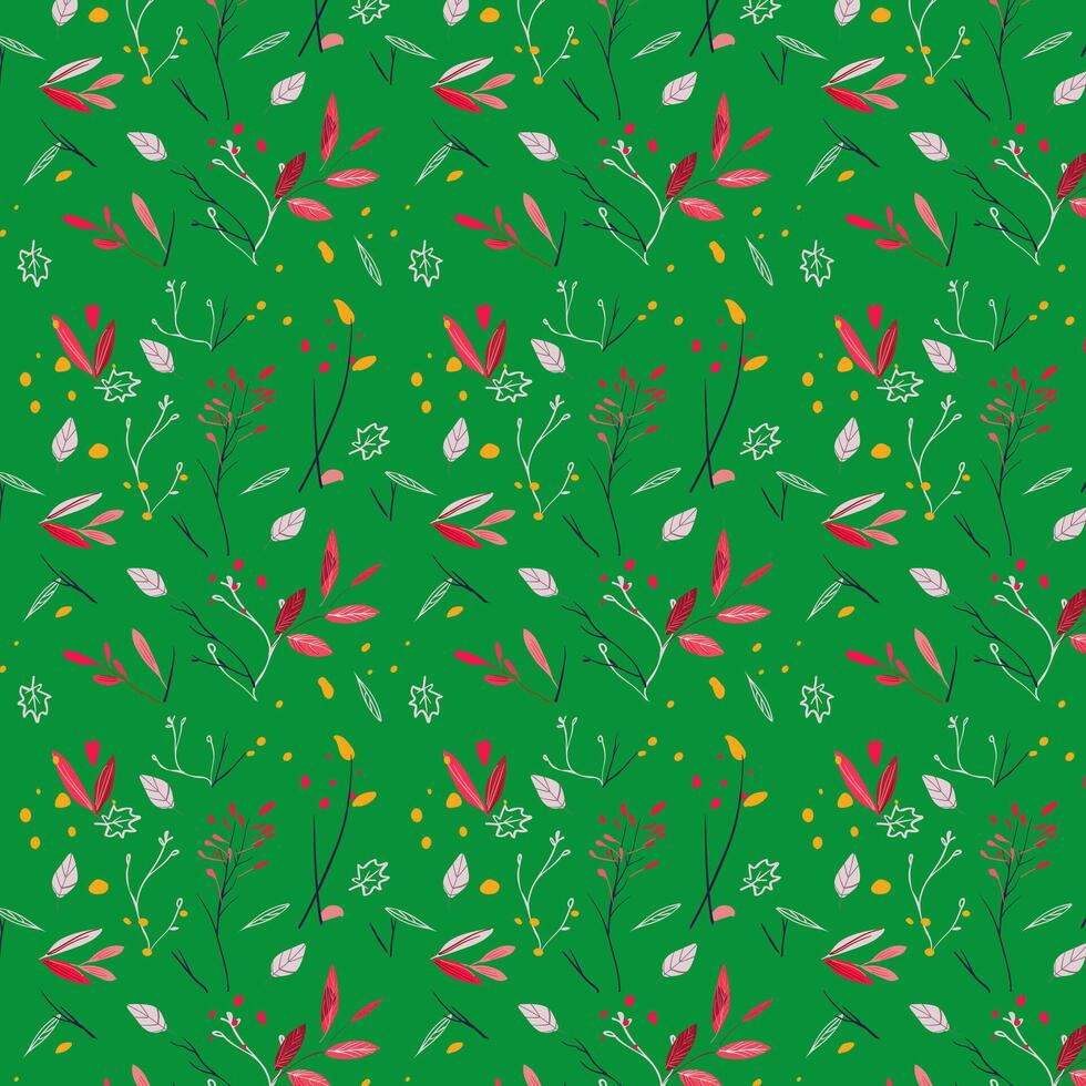 Autumn seamless pattern for fabric, clothing and paper wallpaper. Pink and red leaves on a green background vector