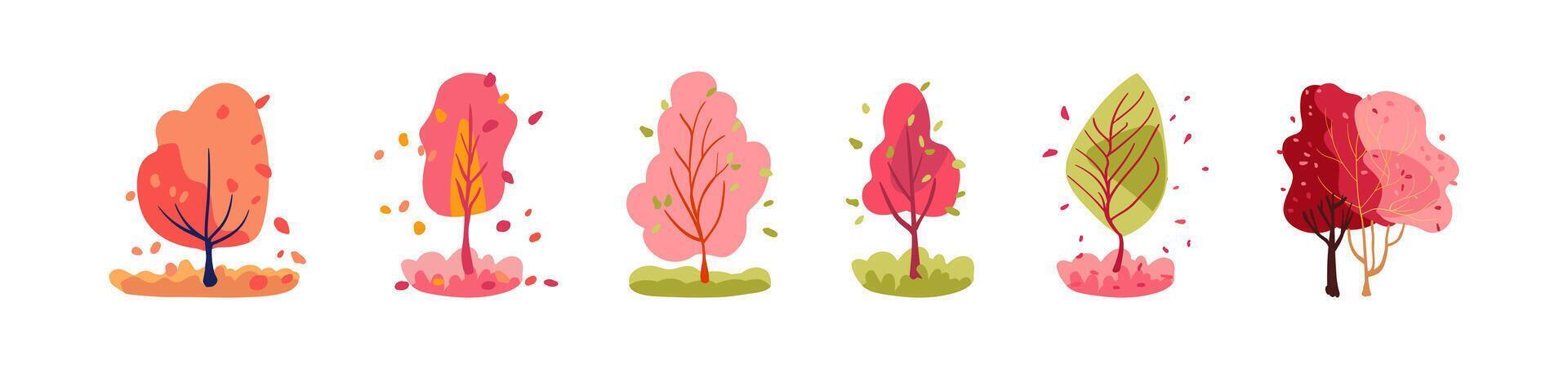 Botanical autumn set of trees. Decorative pink and orange plants, green and burgundy folk trees. Isolated vector