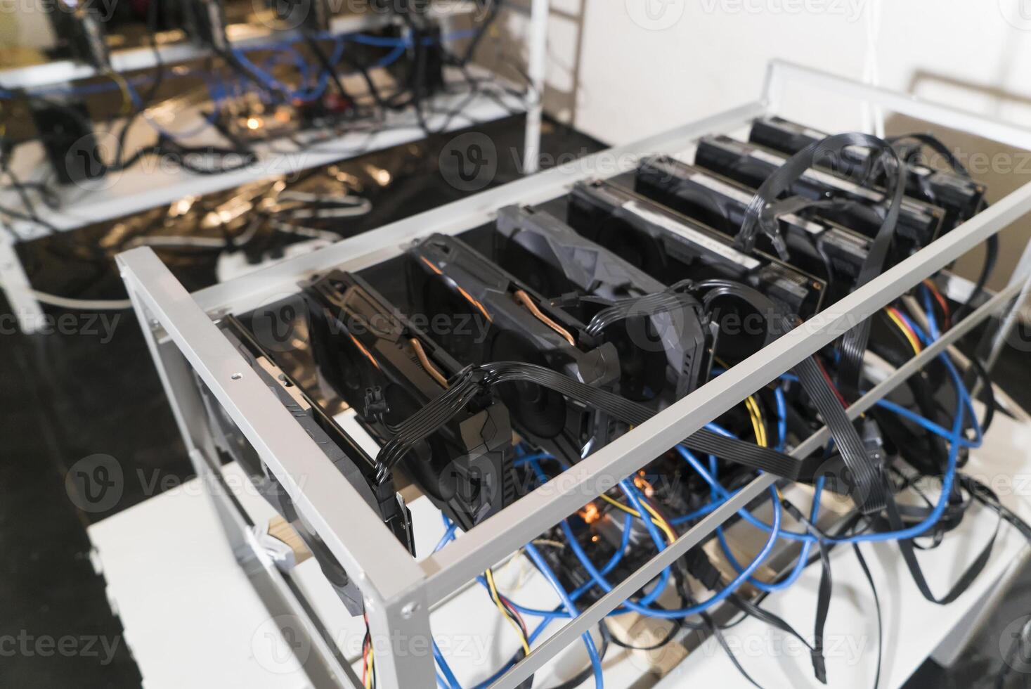 Virtual cryptocurrency concept. Farm for mining cryptocurrency on cards. Crypto farm. photo