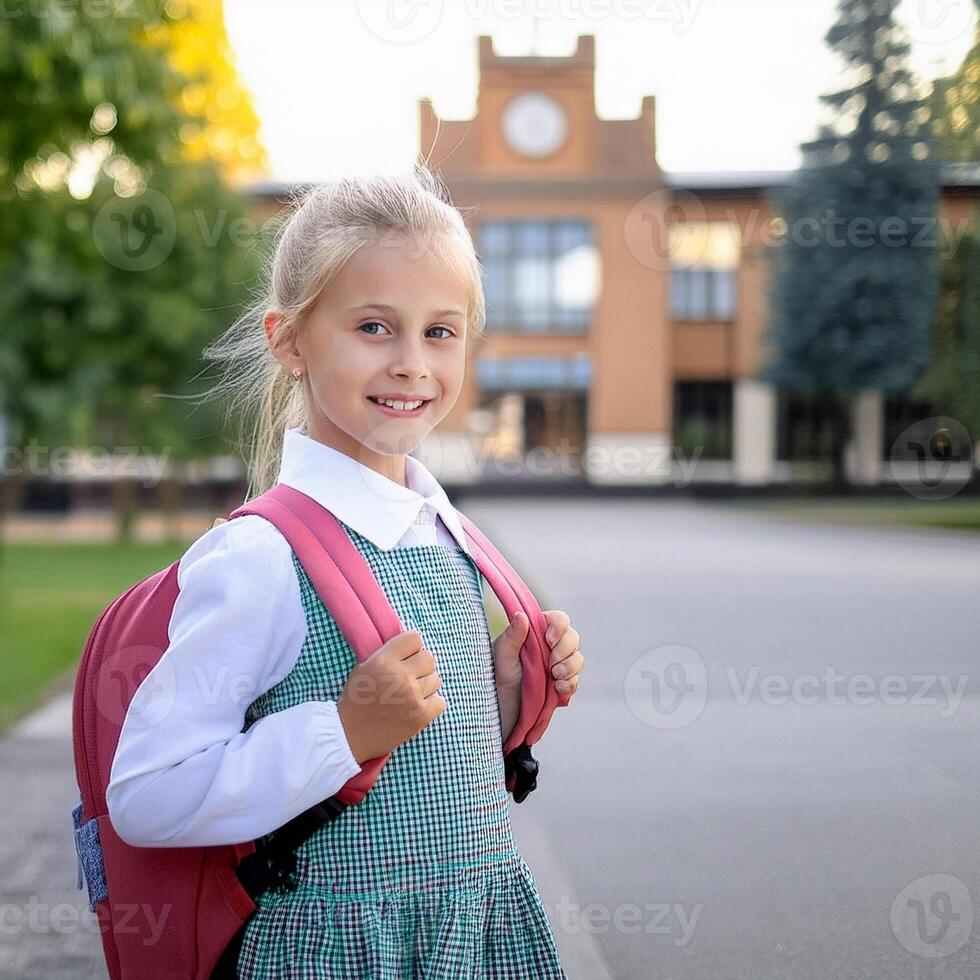 Schoolgirl is going to school, outside, back to school concept photo