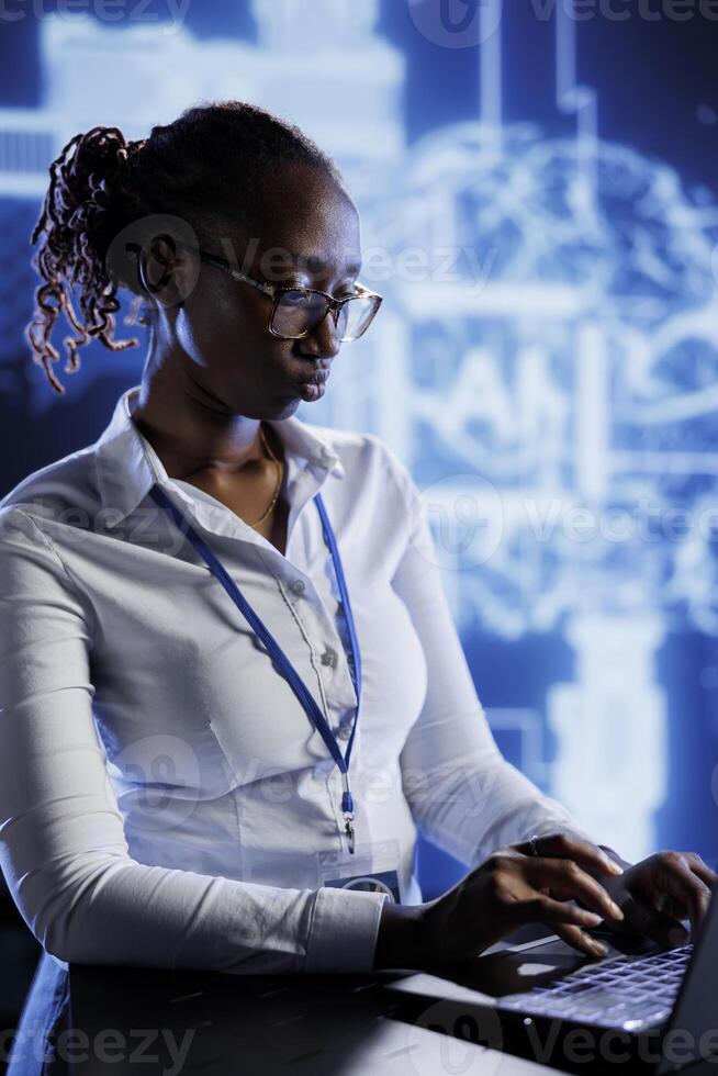 Licensed programmer developing artificial intelligence neural networks nodes modeled after human brain. Adept specialist setting up AI machine learning accurately making predictions using data photo