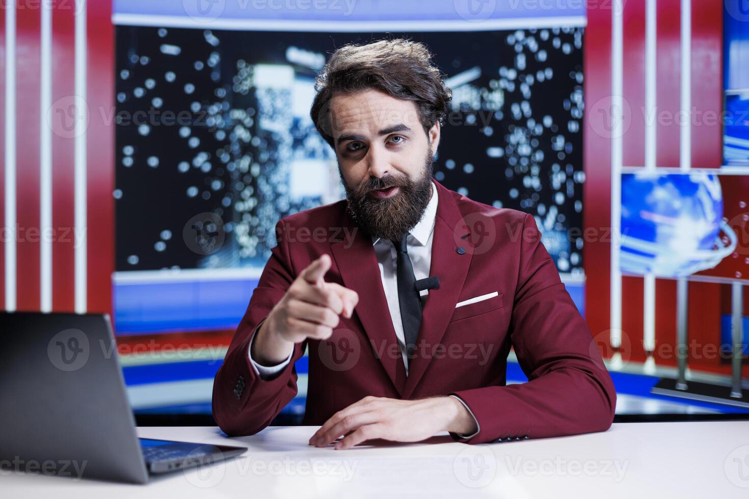 News anchor presenting latest events live on night show, discussing about celebrity scandals or addressing international news topics. Man journalist broadcasting live transmission in newsroom. photo