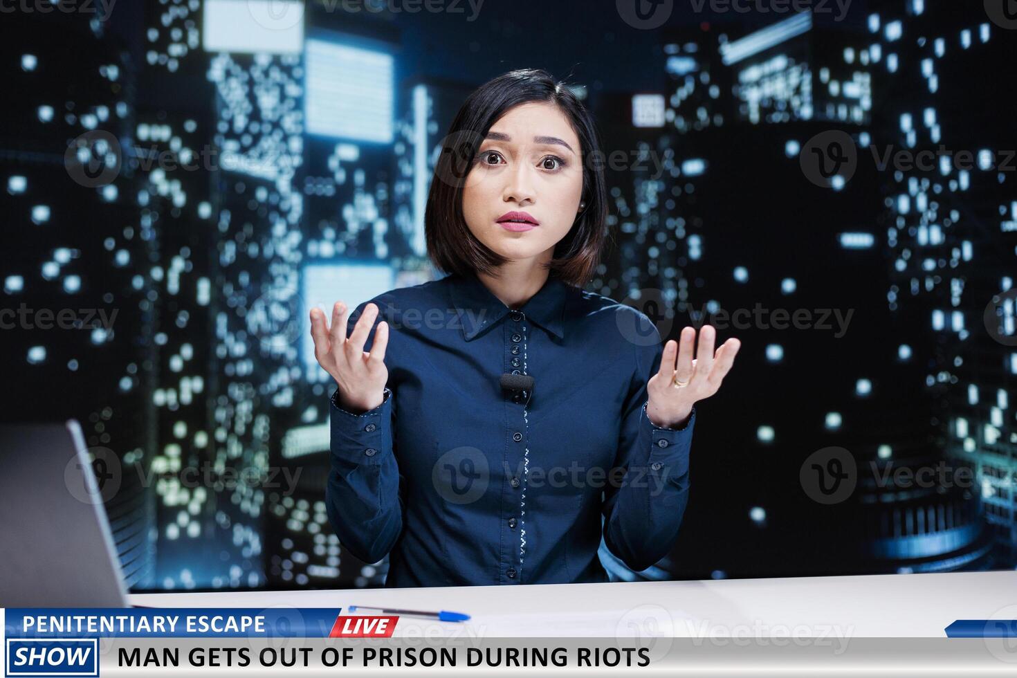 News anchor warns about penitentiary escape on live talk show at midnight, announcing criminal roaming free from prison. Woman journalist talking about riots at national jail. photo