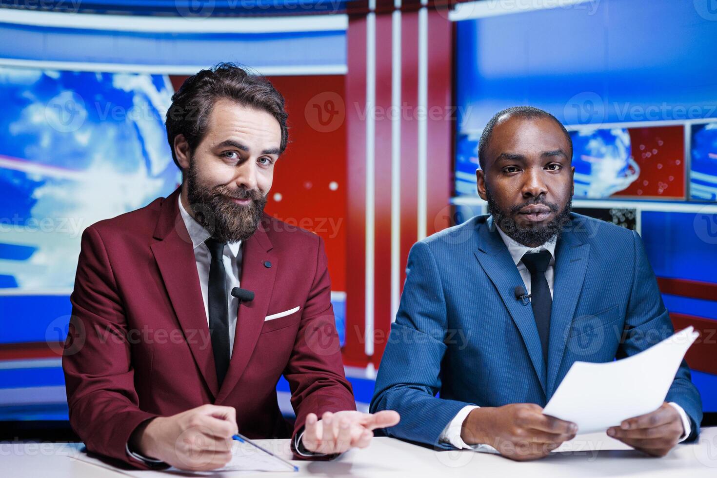 Breakfast show reporters on tv network, delivering important newscast with events worldwide. Diverse presenters using headlines to provide exclusive television content, media host. photo