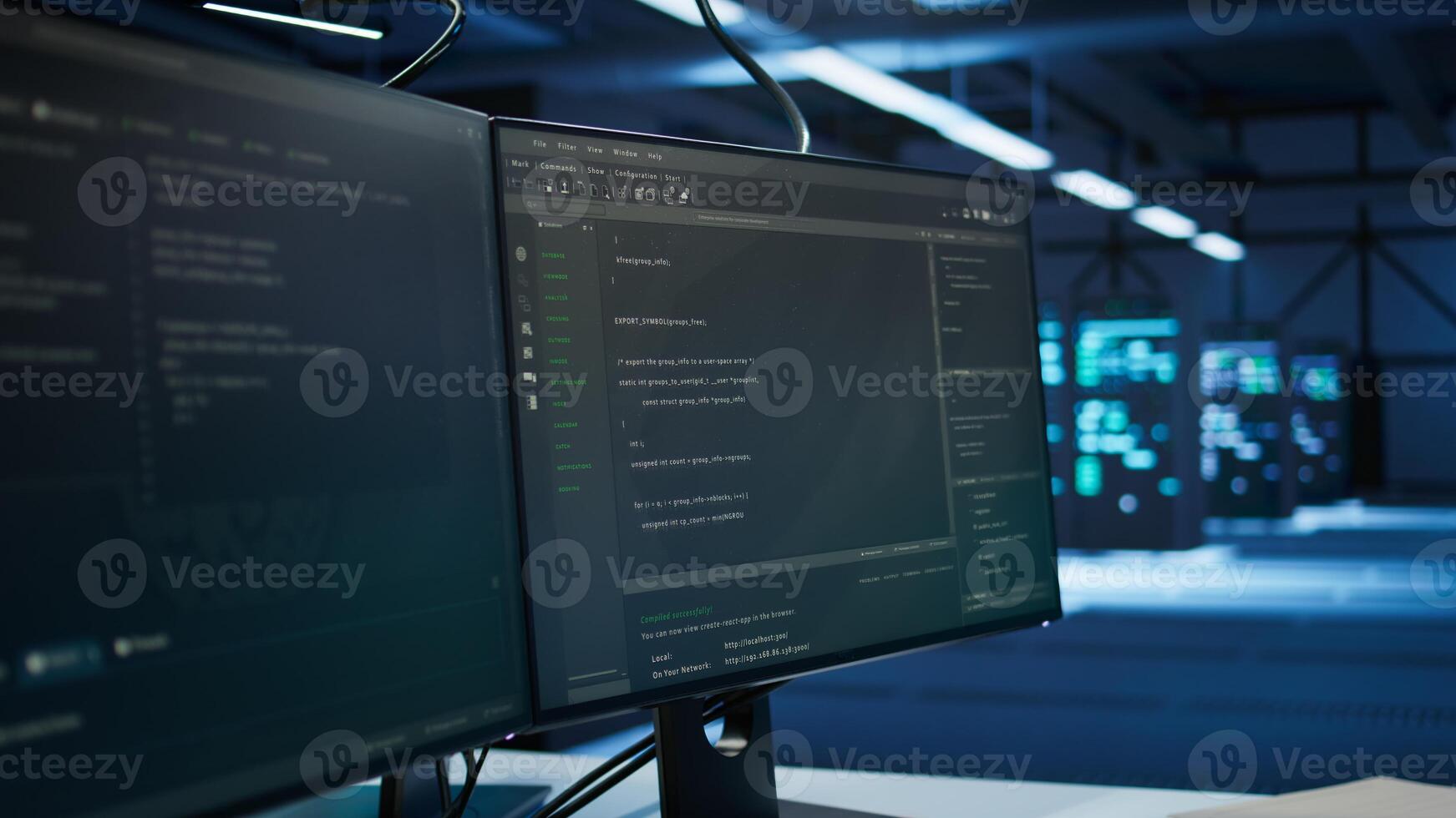Computers in data center used for monitoring security threats threatening hardware rackmounts. Close up of PCs used by futuristic server hub workplace admins protect infrastructure assets photo