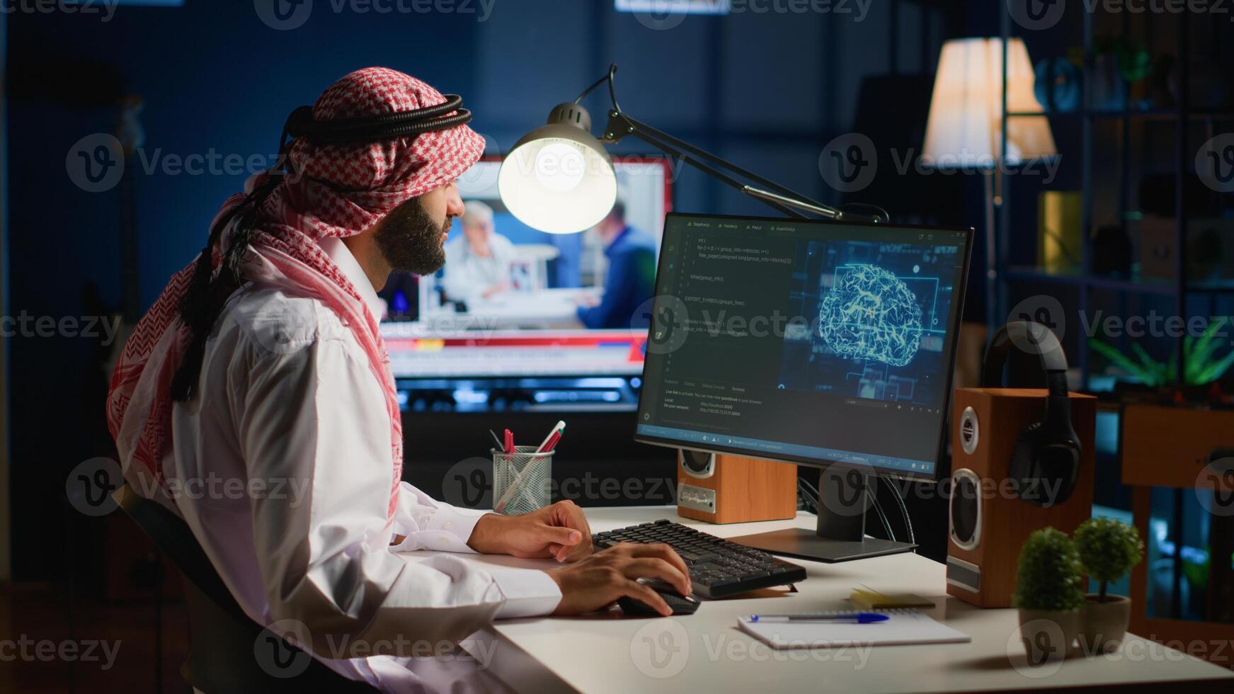 Knowledgeable data scientist updating neural networks, writing complex binary code scripts. Certified teleworking freelancer in home office uses digital device programming to upgrade AI photo